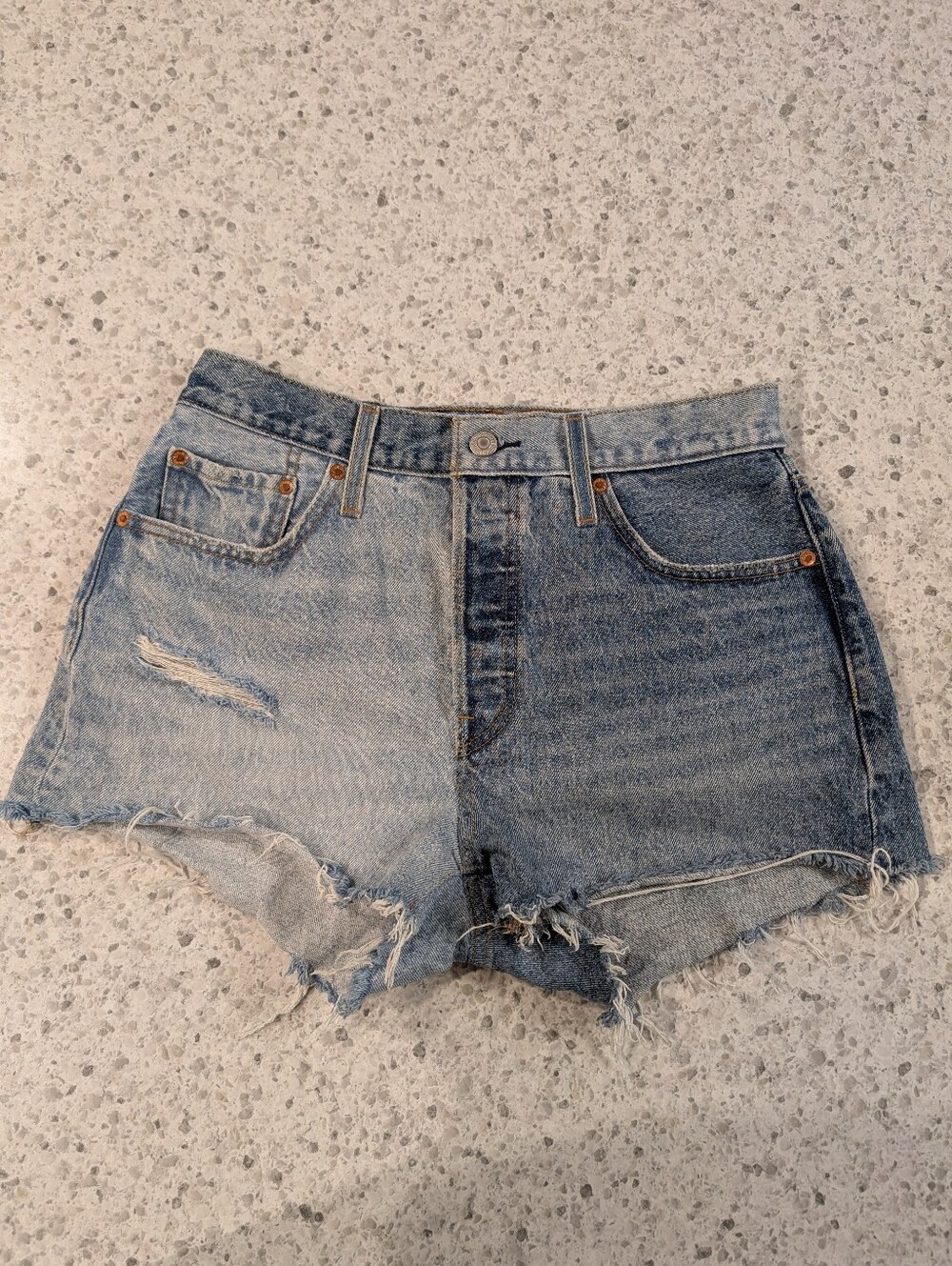 Levi's 501 Two Tone Shorts Denim High Rise Distressed Cotton Jeans Ripped Hem